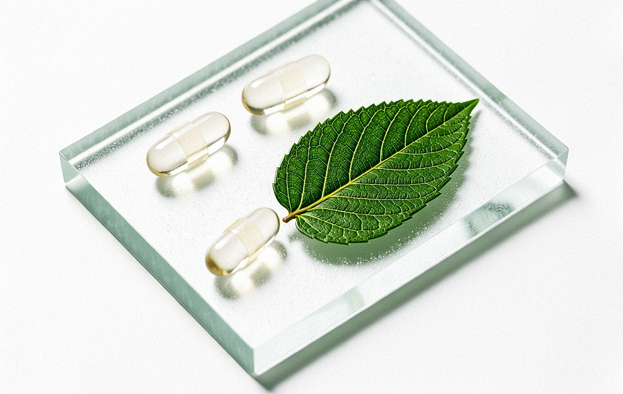 Close up of organic green leaves and laboratory equipment