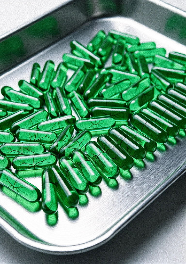 Vascular green wellness capsules on steel